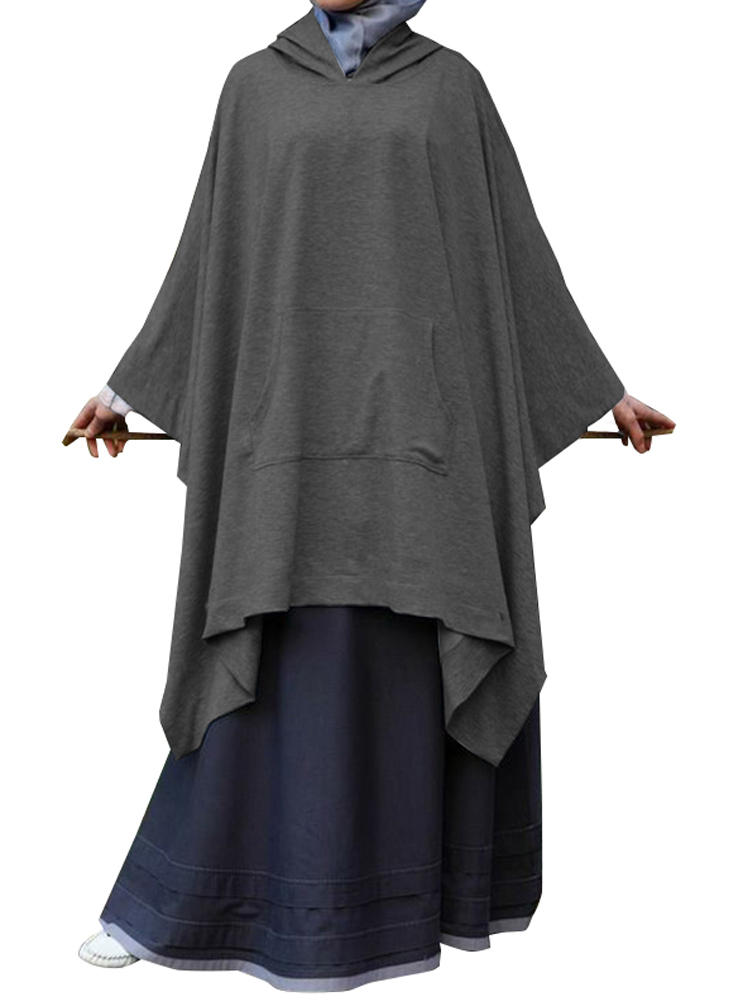 Women Batting Sleeve Irregular Hem Hooded Solid Blouse Shirts