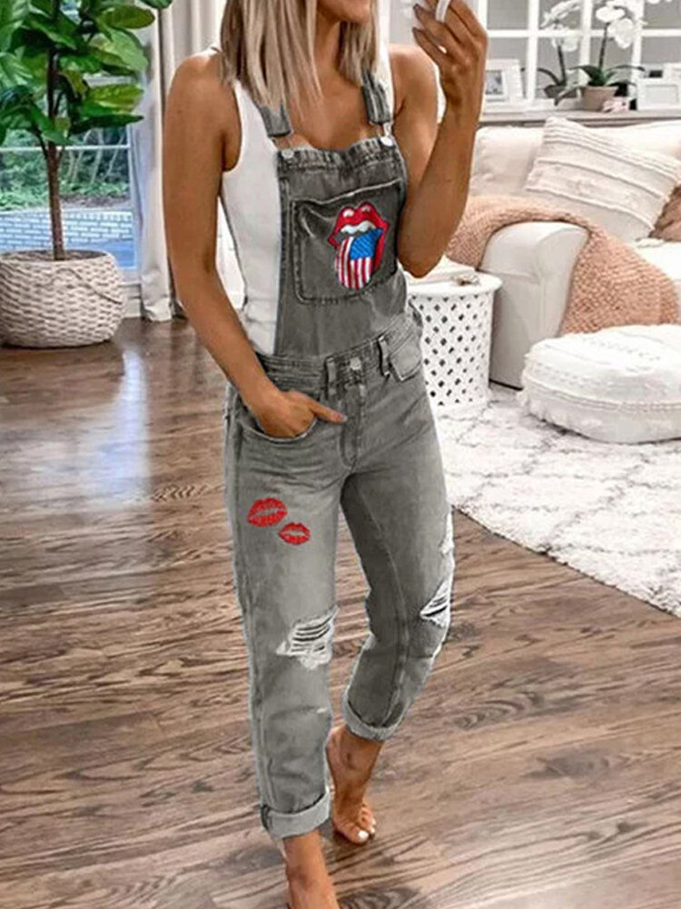 Casual Loose Print Adjustable Straps Sleeveless Pocket Bib Jeans