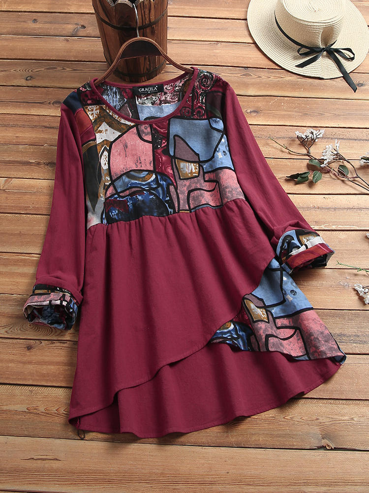Ethnic Print Patchwork Irregular Long Sleeve Vintage Blouse
