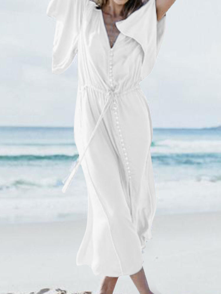 Women Short Sleeve V-neck Front Split Hem Solid Dress