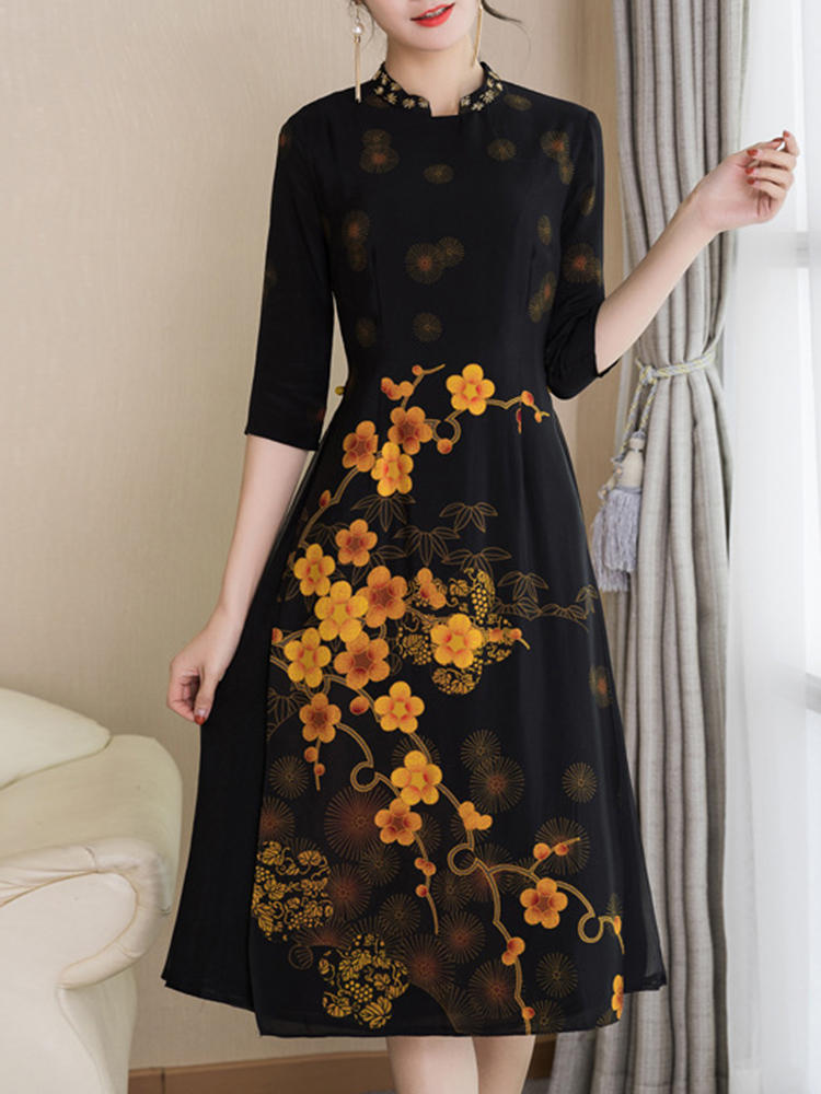 Elegant Women Printing Stand Collar 3/4 Sleeve Vintage Dresses