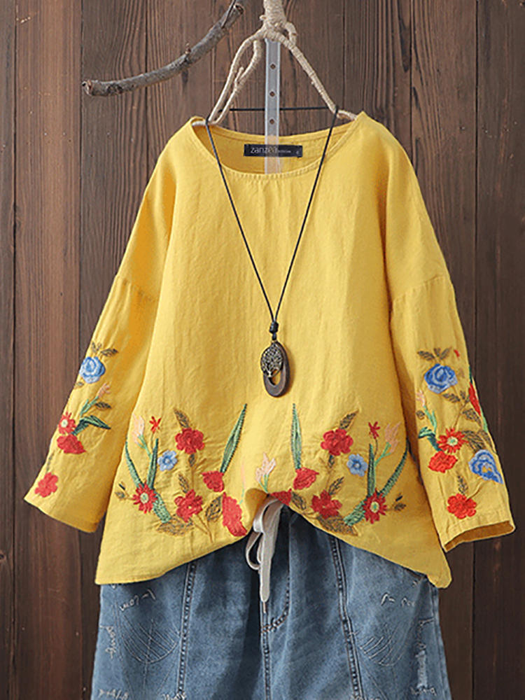 Women Cotton O-neck Floral Embroidery Vintage Blouse