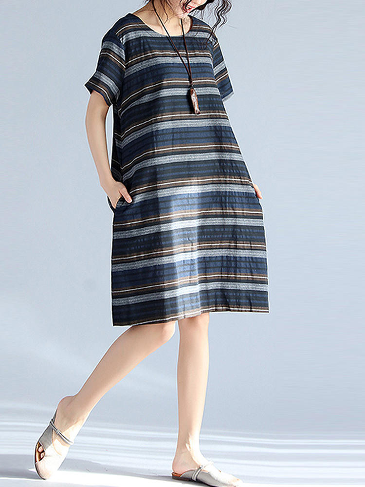 Retro Striped Short Sleeve Loose Women Dress