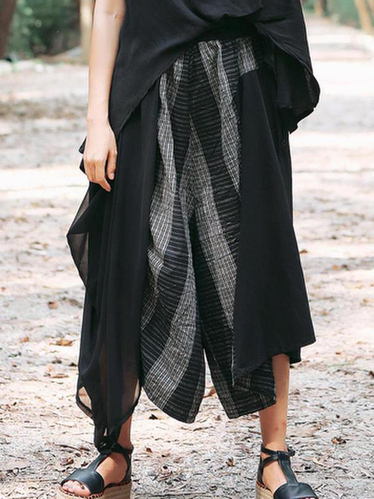Vintage Women Elastic Waist Striped Wide Leg Pants