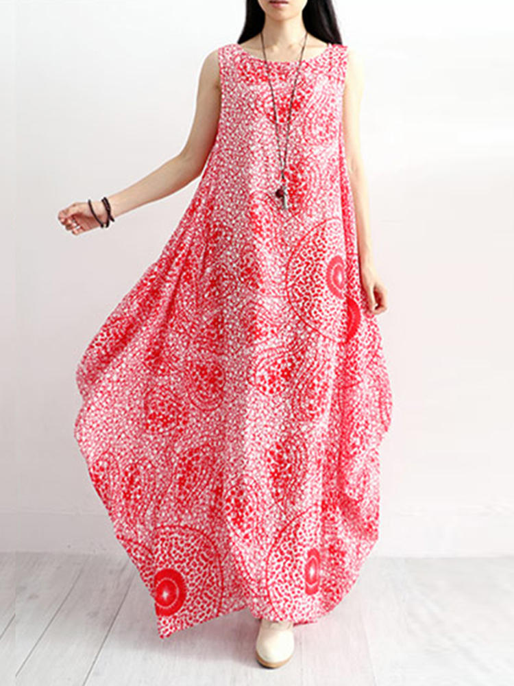 Casual Women Cotton Loose Floral Print Round Neck Sleeveless Max