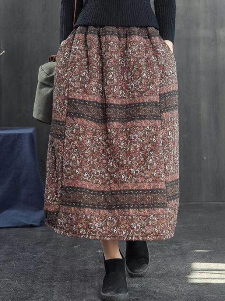 Vintage Women Folk Style Cotton Linen Elastic Waist Skirts with