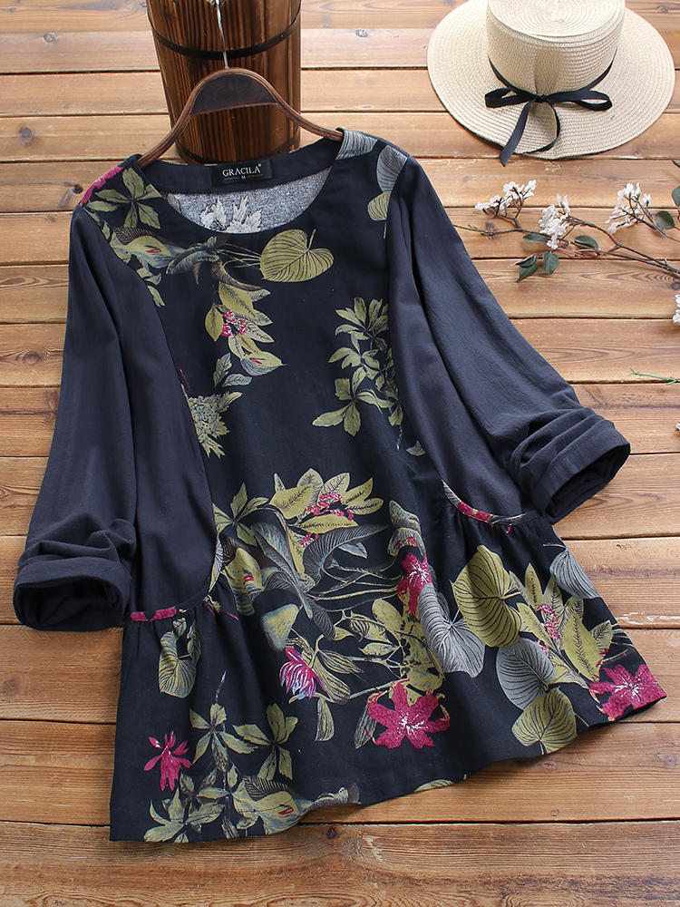 Floral Leaves Print Patchwork Long Sleeve Vintage Blouse