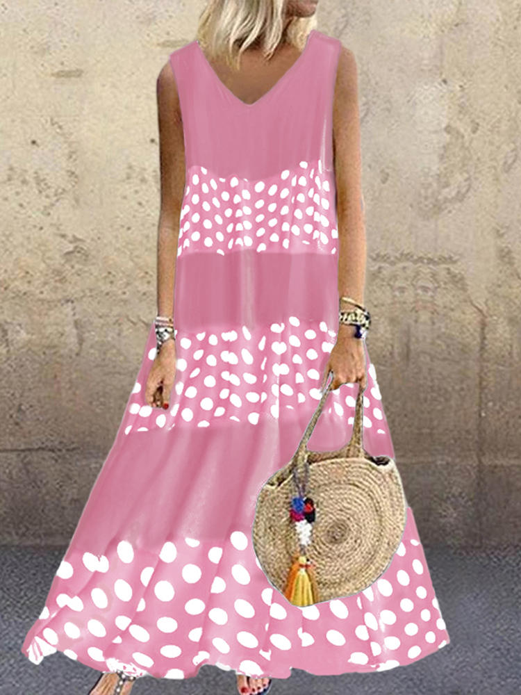 Sleeveless O-neck Polka Dot Print Maxi Dress