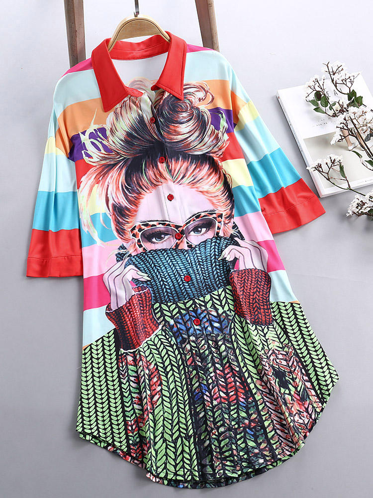 Printed Turn-down Collar Half Sleeve Mid-length Shirts