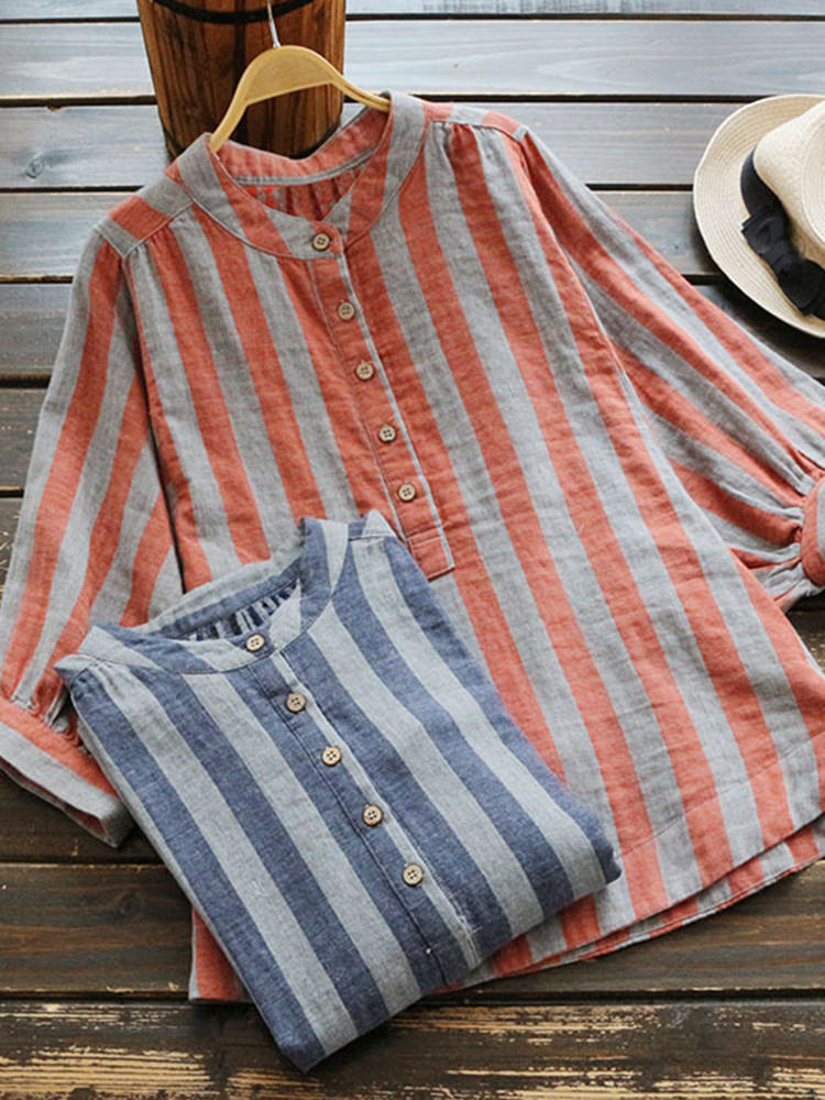 Casual Women Cotton Striped Stand Collar Button Long Sleeve Blou