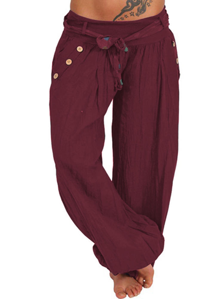 Women Pure Color Buttons Cotton Yoga Pants