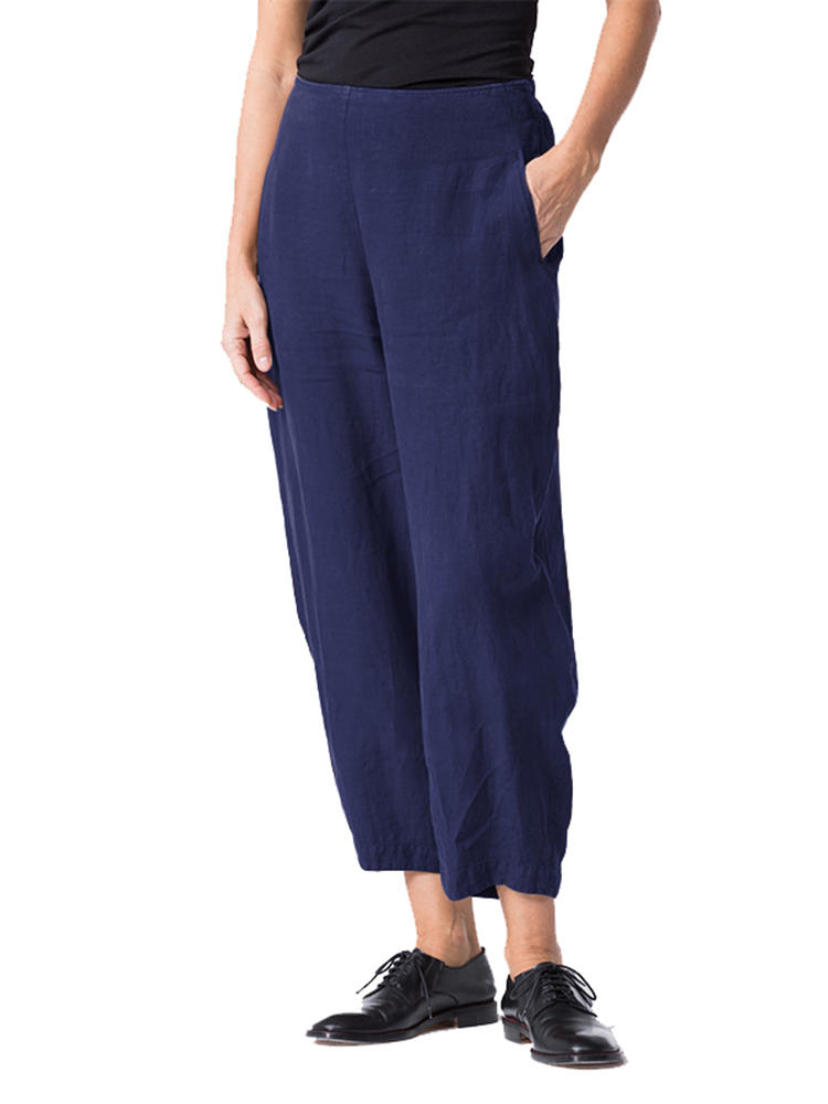 Women Cotton Pure Color Loose Side Pockets Elastic Waist Trouser