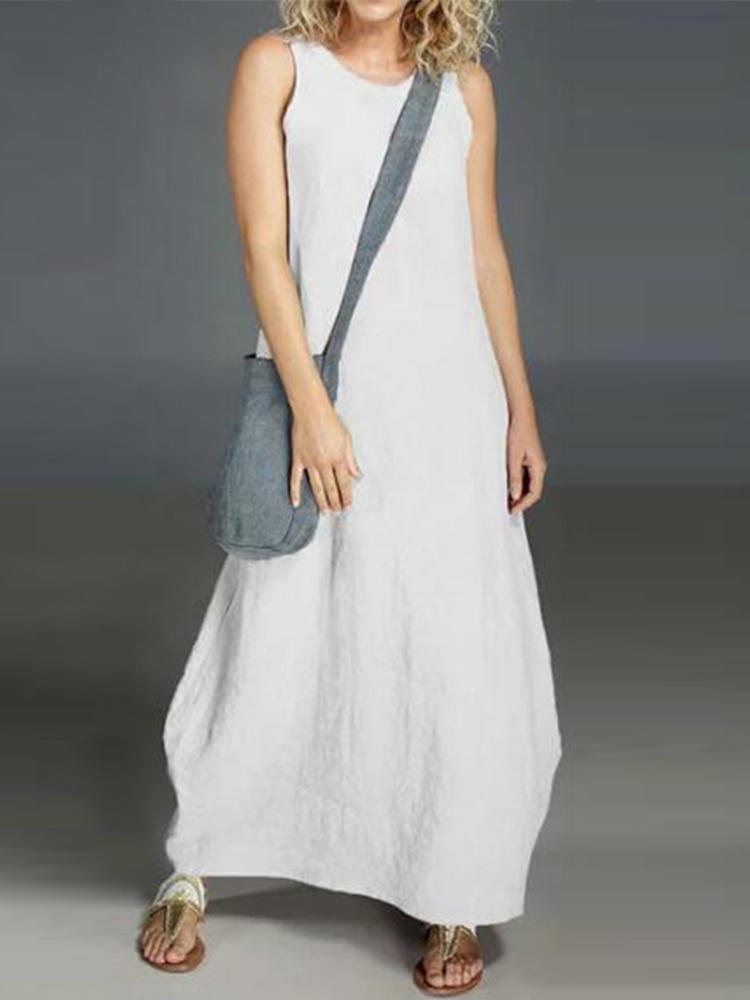 Women Cotton Casual O-neck Solid Color Sleeveless Dress