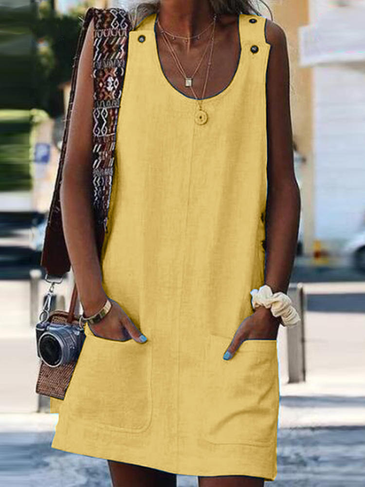 Women Sleeveless Pocket Solid Color A Line Dress