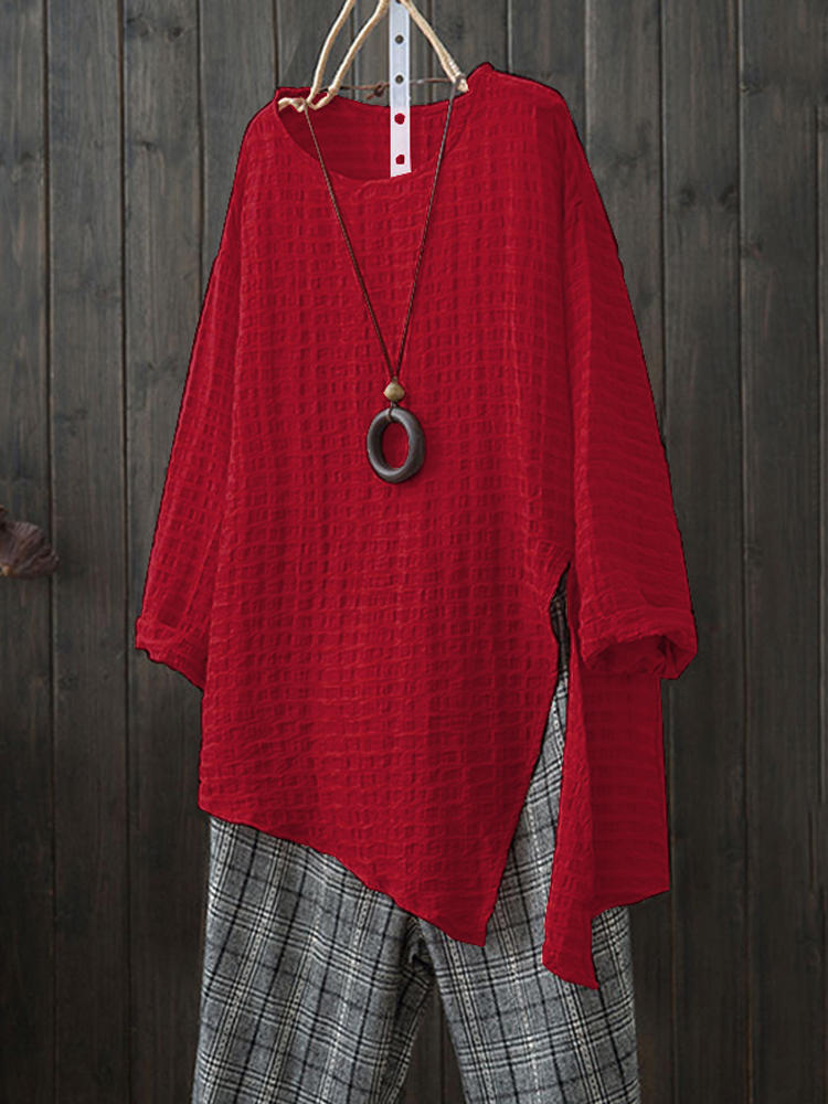 Women Casual Plaid Side Split Asymmetrical Blouse