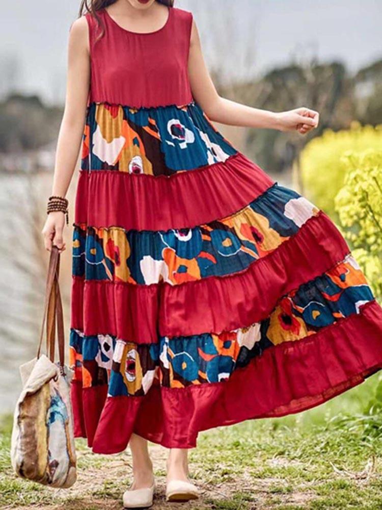Vintage Sleeveless O-neck Loose Swing Floral Maxi Dress