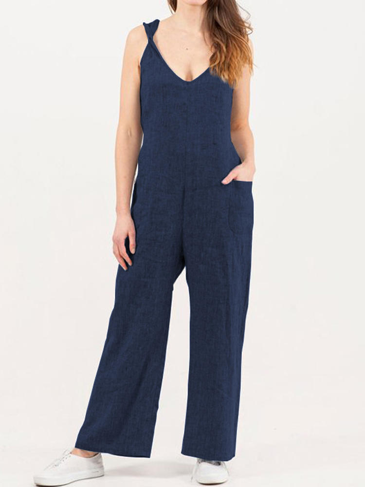 Women Pure Color Side Pocket Twisted Loose Cotton Jumpsuit
