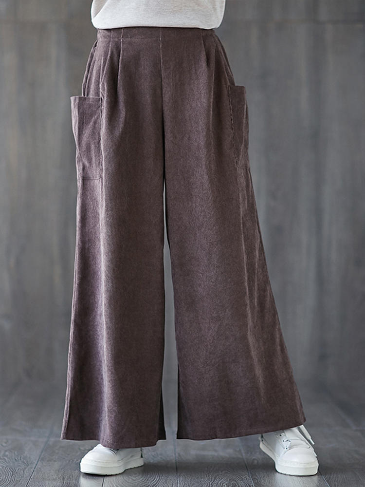 Corduroy Elastic Waist Wide Leg Solid Pants