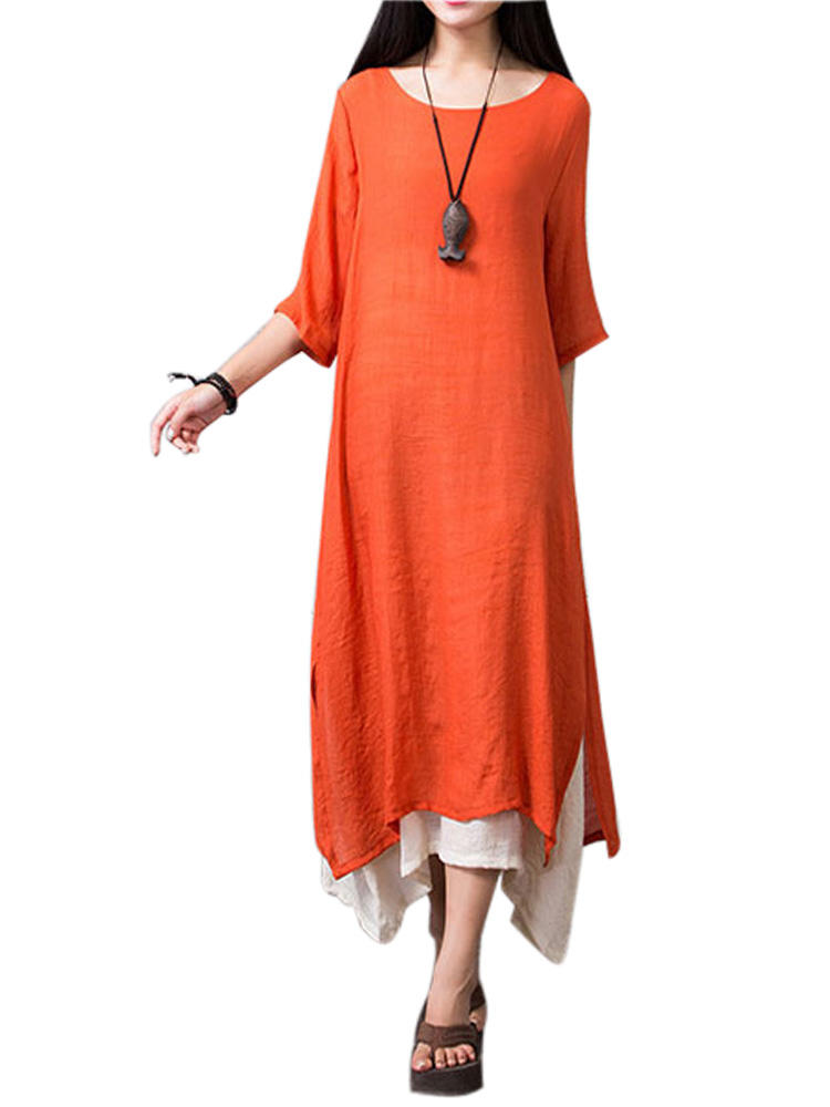 Women Vintage Half Sleeve False Two Pieces Split Maxi Dress