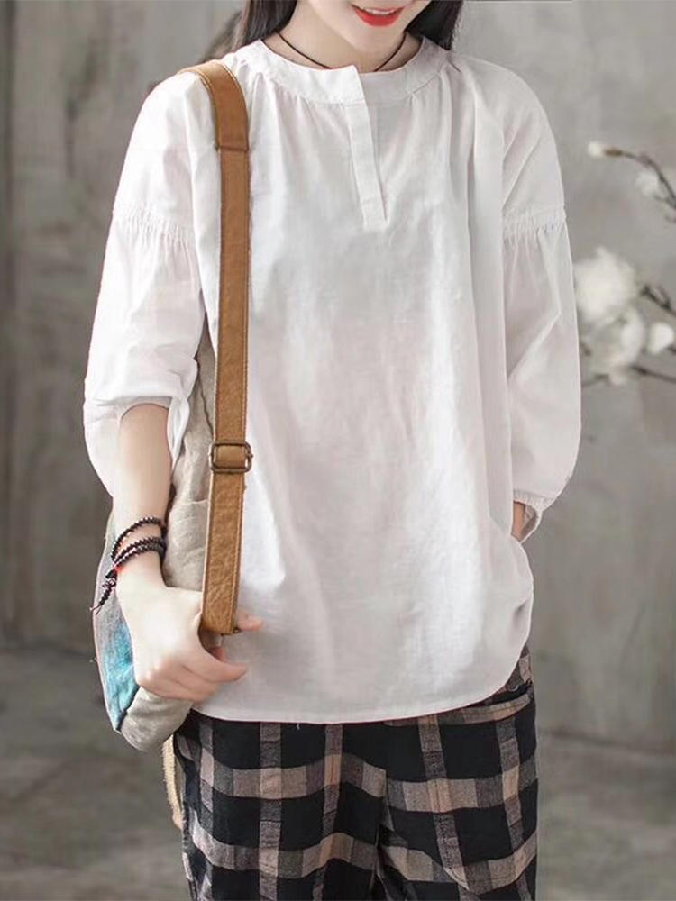 Women Pure Color Loose Long Sleeve Blouses