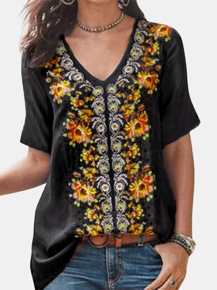 Bohemian Flower Print V-neck Short Sleeve Vintage Blouse