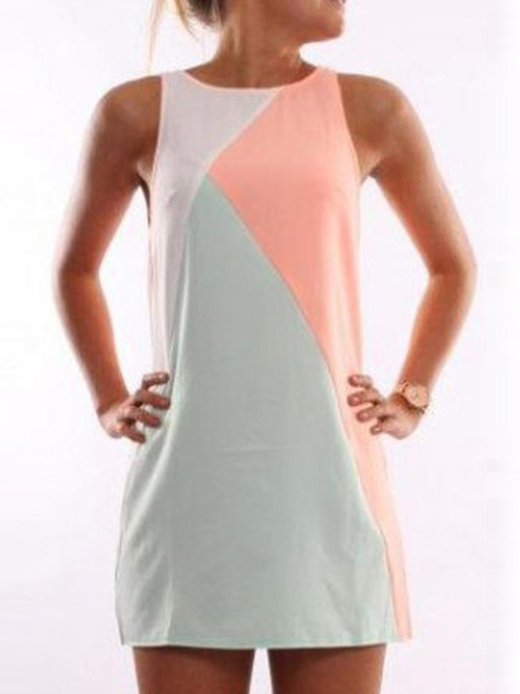 Women Casual Color Patchwork Crew Neck Sleeveless Mini Dress