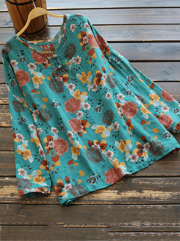 Vintage Women Floral Print O-neck Long Sleeve Blouse