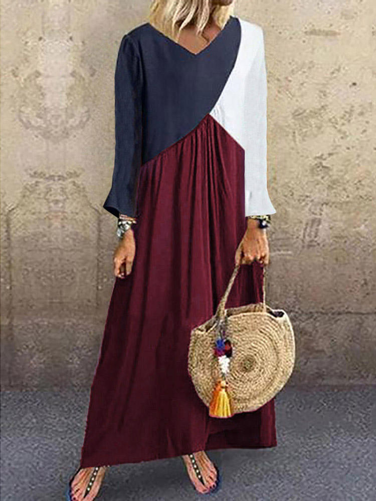 Women Casual V Neck Splicing Color Loose Long Sleeve Maxi Dress