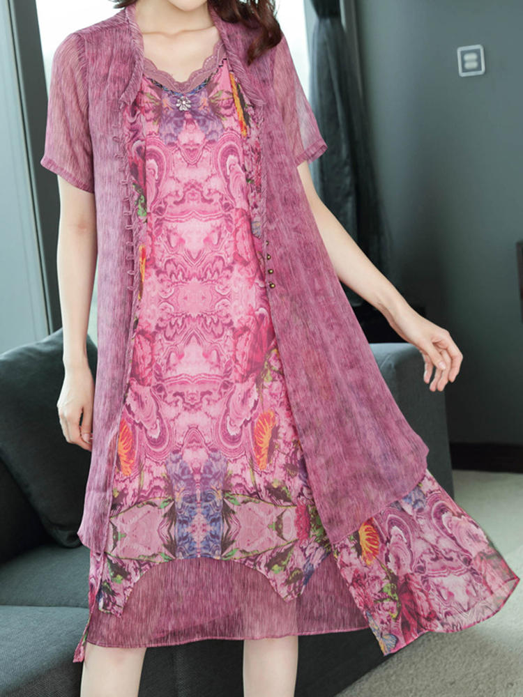 Vintage Floral Chiffon Two Pieces Set Print Sleeveless Dress for