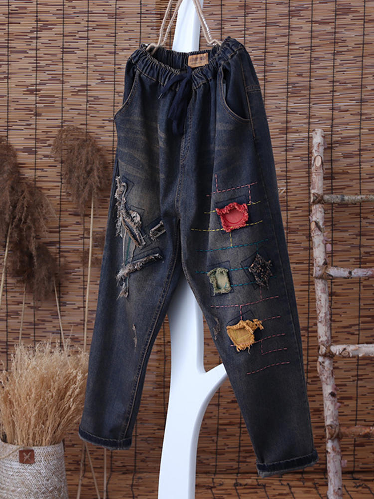 Patch Embroidered Ripped Drawstring Vintage Denim Jeans