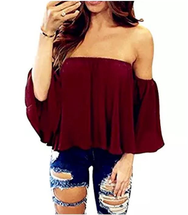 Pure Color Off Shoulder Loose Chiffon Casual Blouse For Women