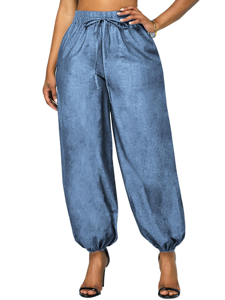 Casual Women Sides Pockets Elastic Waist Harem Denim Jeans