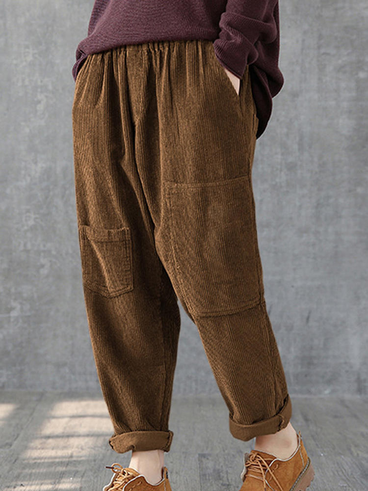 Solid Color Elastic Waist Corduroy Pants