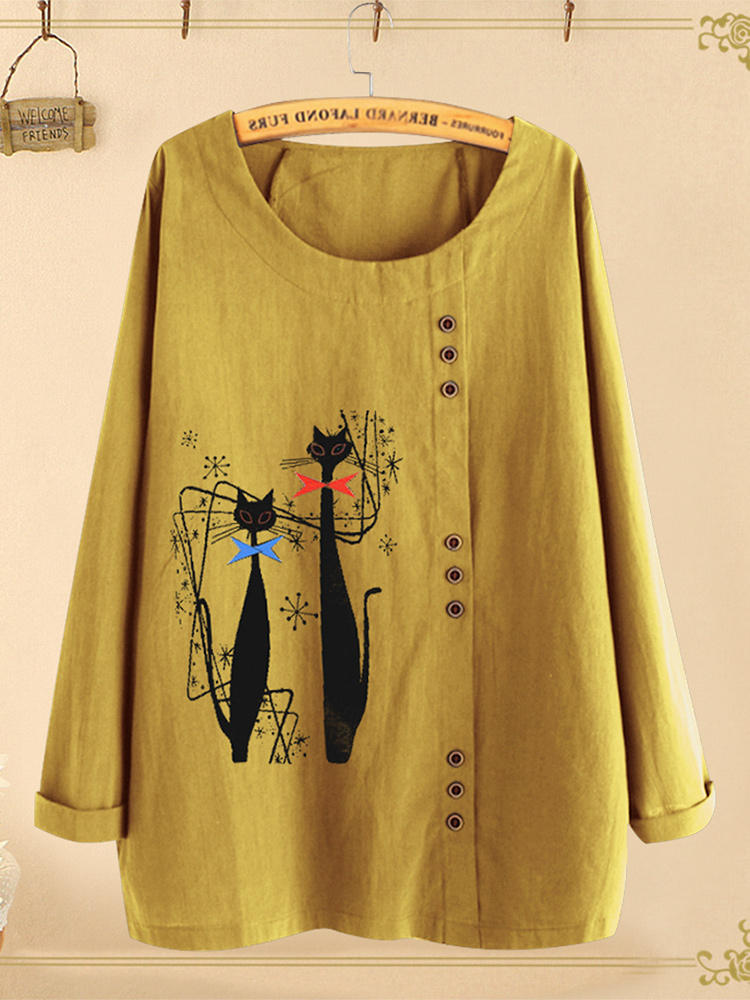 Cartoon Cat Print Button O-neck Long Sleeve Autumn Casual Blouse