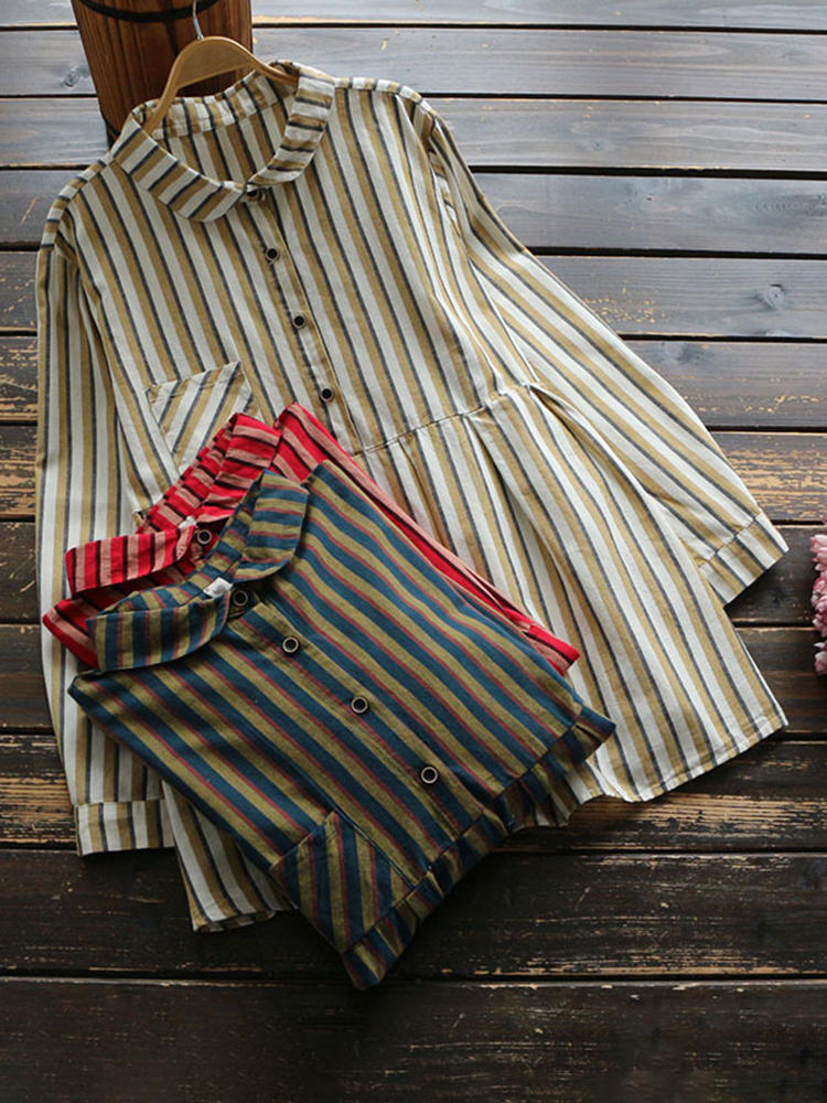 Women Long Sleeve Button Pocket Turn-Down Collar Stripe Blouse