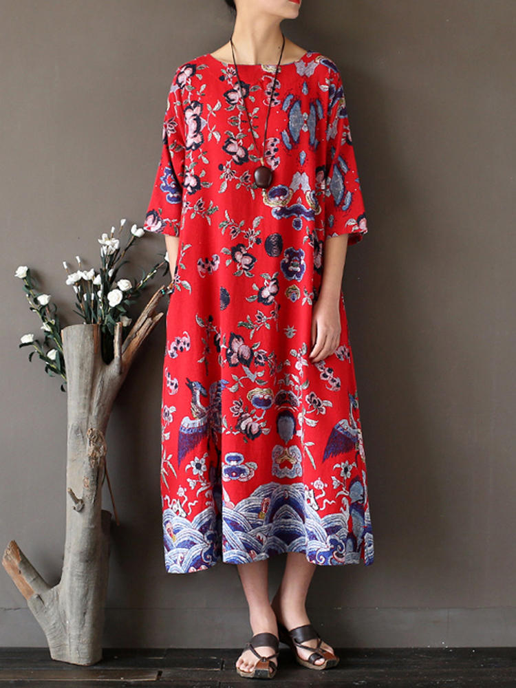 Folk Style Women Random Printed Midi Dress With Pocket