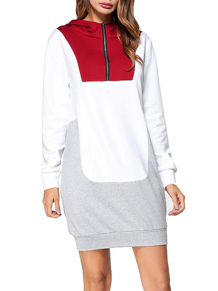 Casual Women Color Block Quarter Zip Hooded Sweatshirt Dress