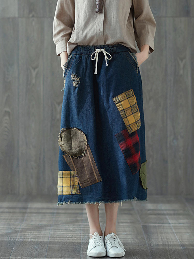 Plaid Patchwork Drawstring Waist Vintage Denim Skirts
