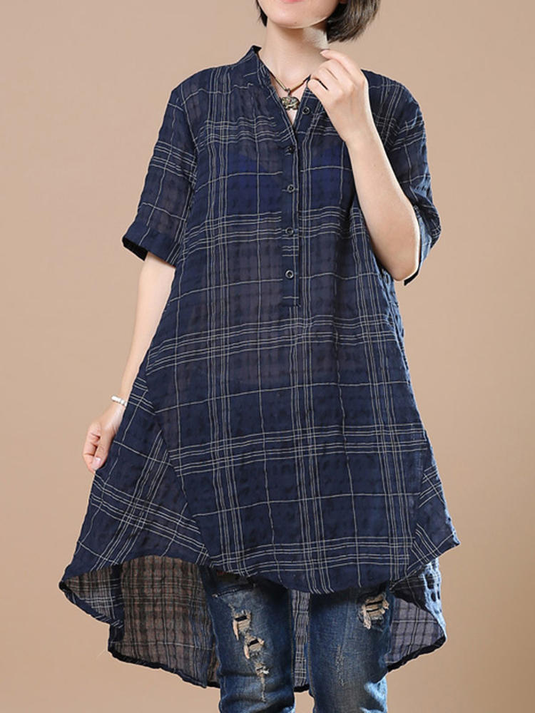 M-5XL Women Short Sleeve Plaid Tunic Irregular Cotton Blouse
