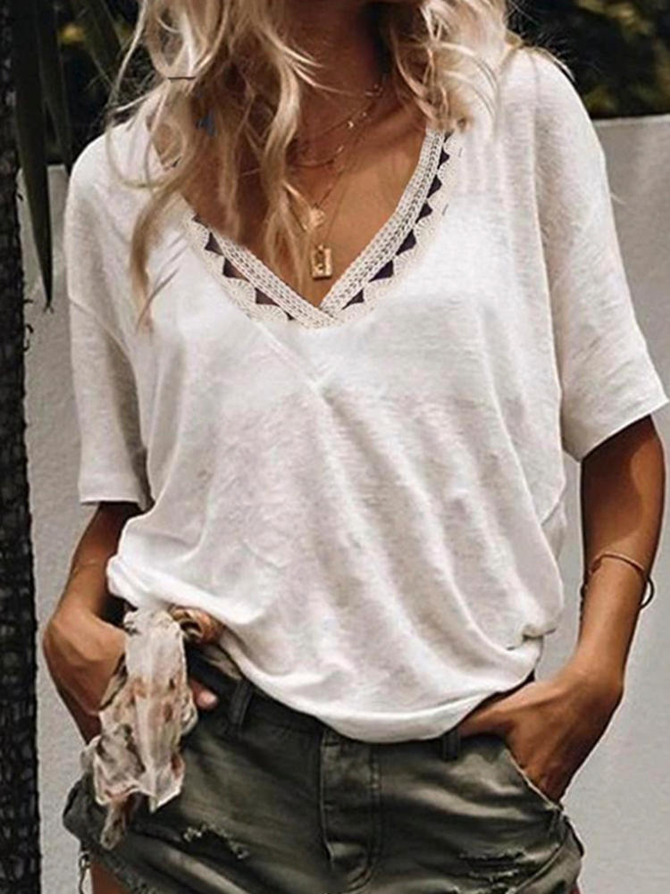Women Solid Color V-Neck Short Sleeve Blouse