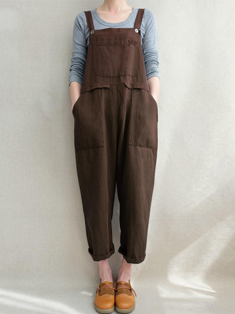 Women Vintage Sleeveless Pure Color Harem Jumpsuit Overalls