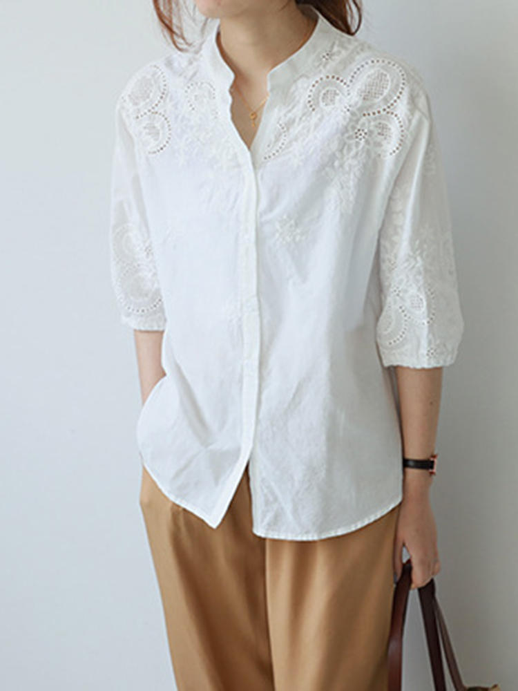 Vintage Embroidery V-neck Buttons 3/4 Sleeve Blouse