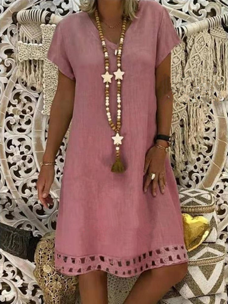 S-5XL Women V-Neck Solid Short Sleeve Dress