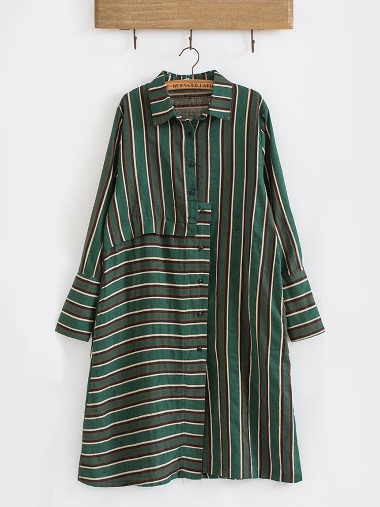 Casual Women Striped Lapel Full Sleeve Mid-Long Irregular Shirts