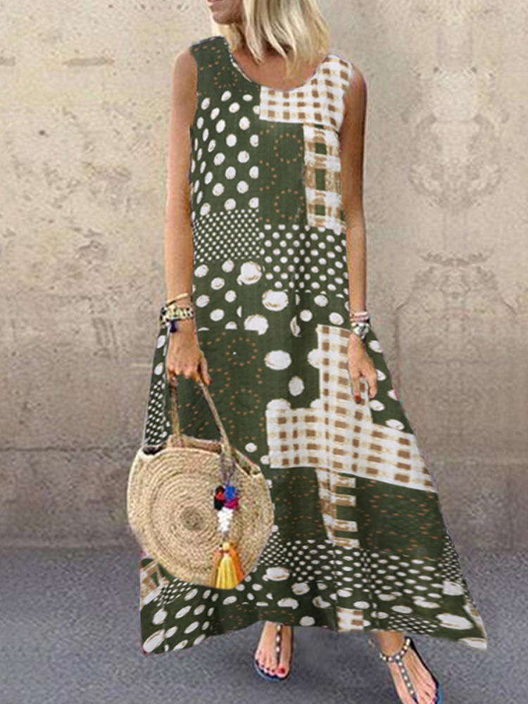 Sleeveless O-neck Polka Dot Print Vintage Long Maxi Dress