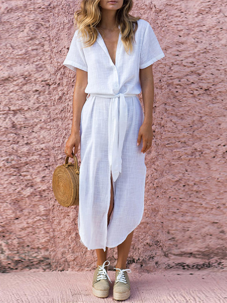 Women Short Sleeve V-neck Linen Cotton Maxi Shirt Dress