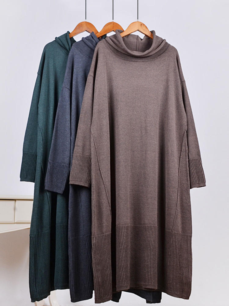 Women Long Sleeve Turtleneck Pure Color Loose Casual knit Dress