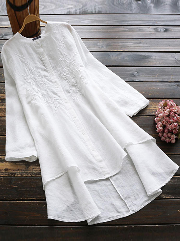 Women Casual Button Down Embroidered High Low Long Sleeve Shirts
