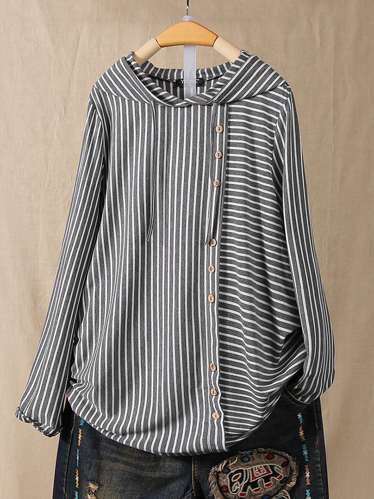 Casual Striped Side Button Hooded T-Shirts