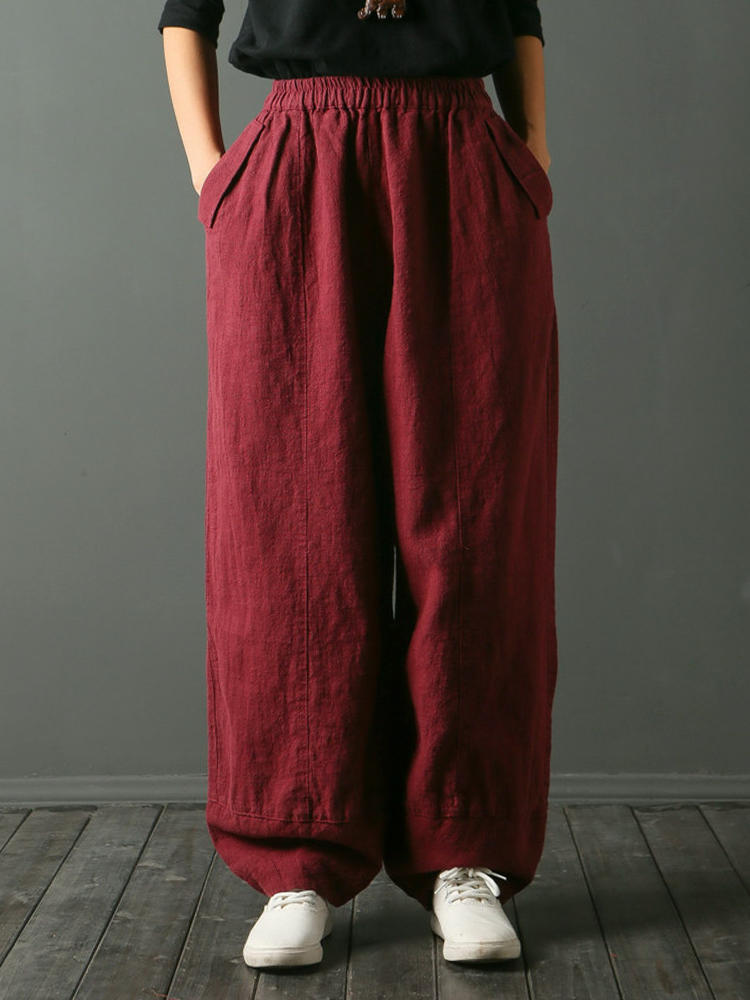 Casual Women Pure Color Elastic Waist Pockets Harem Pants